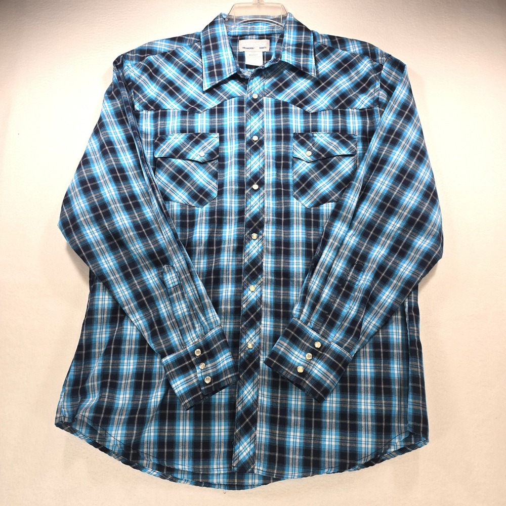 Wrangler Wrancher Mens Large Blue Black Plaid Western Pearl Snap Shirt MTW1265